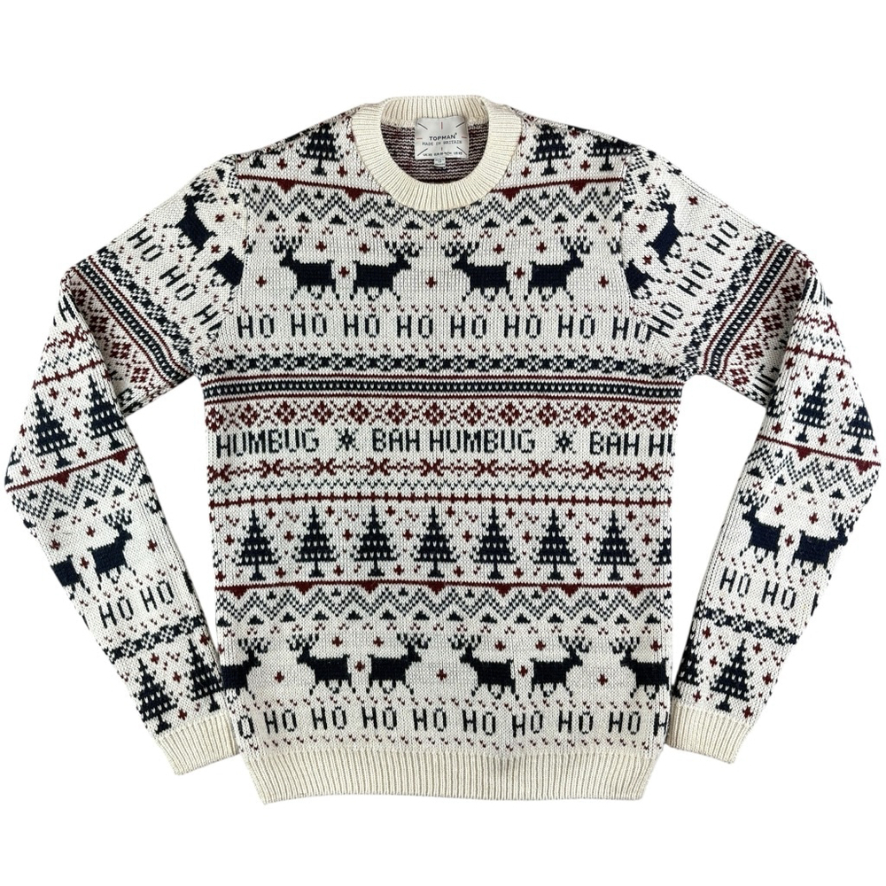 Topman Fair Isle Knit Christmas Sweater Pullover Bah Humbug Ho Ho Ho Size XS